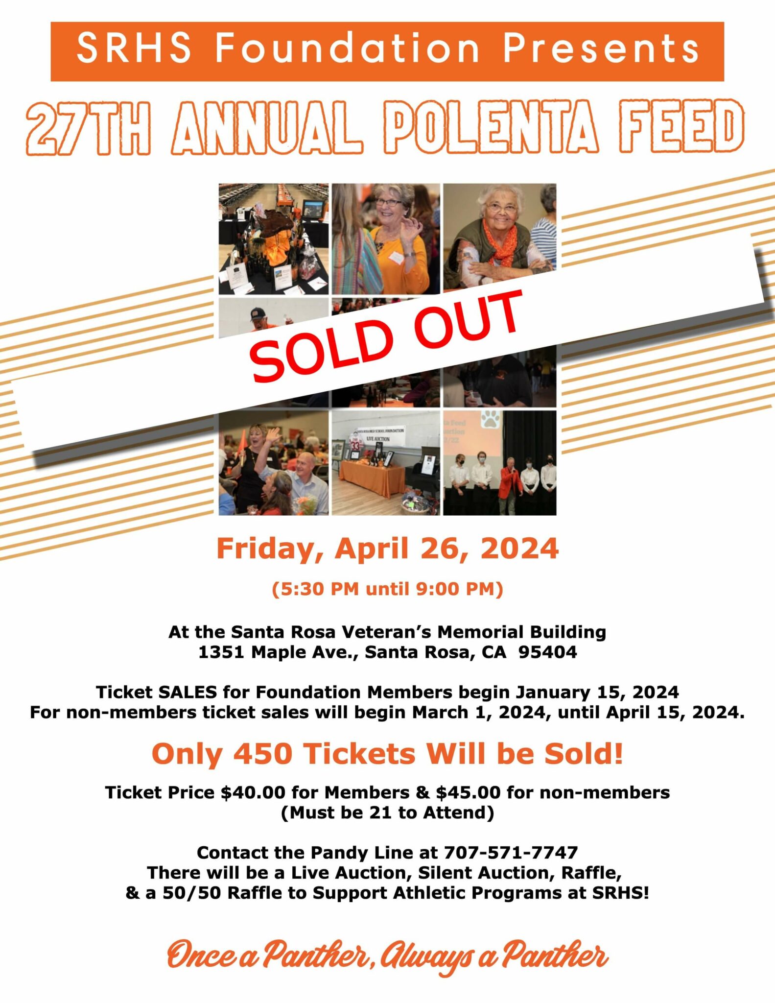 Poster for the 2024 Polenta Feed with Sold Out banner on top