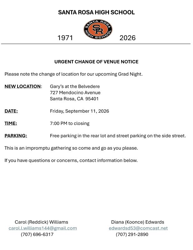Grad Night Change of Location