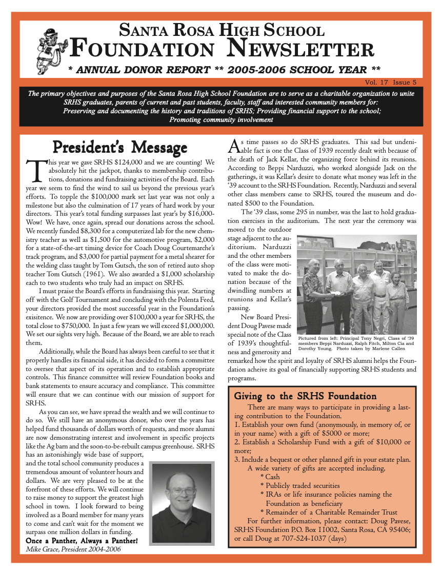 Newsletter front page - Donor report for the 2005 - 2006 school year