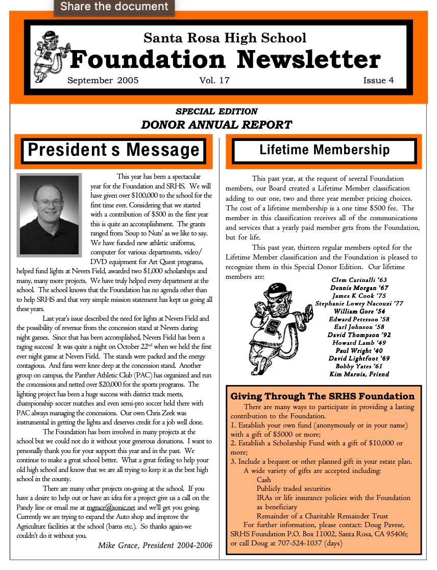 Newsletter front page - Donor report for the 2005 school year