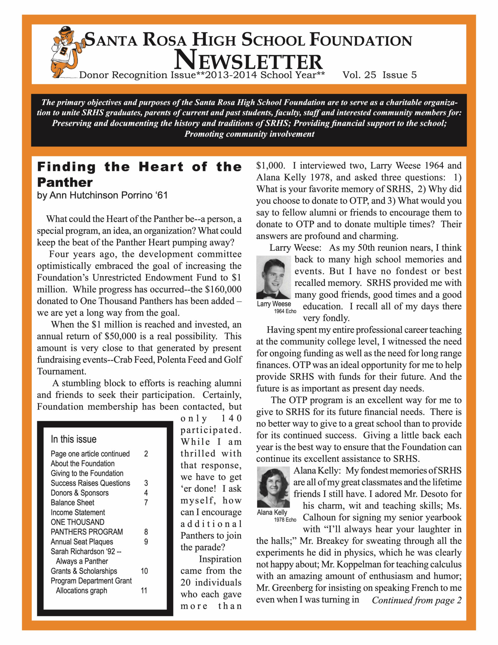 Newsletter front page - Donor report for the 2013 - 2014 school year