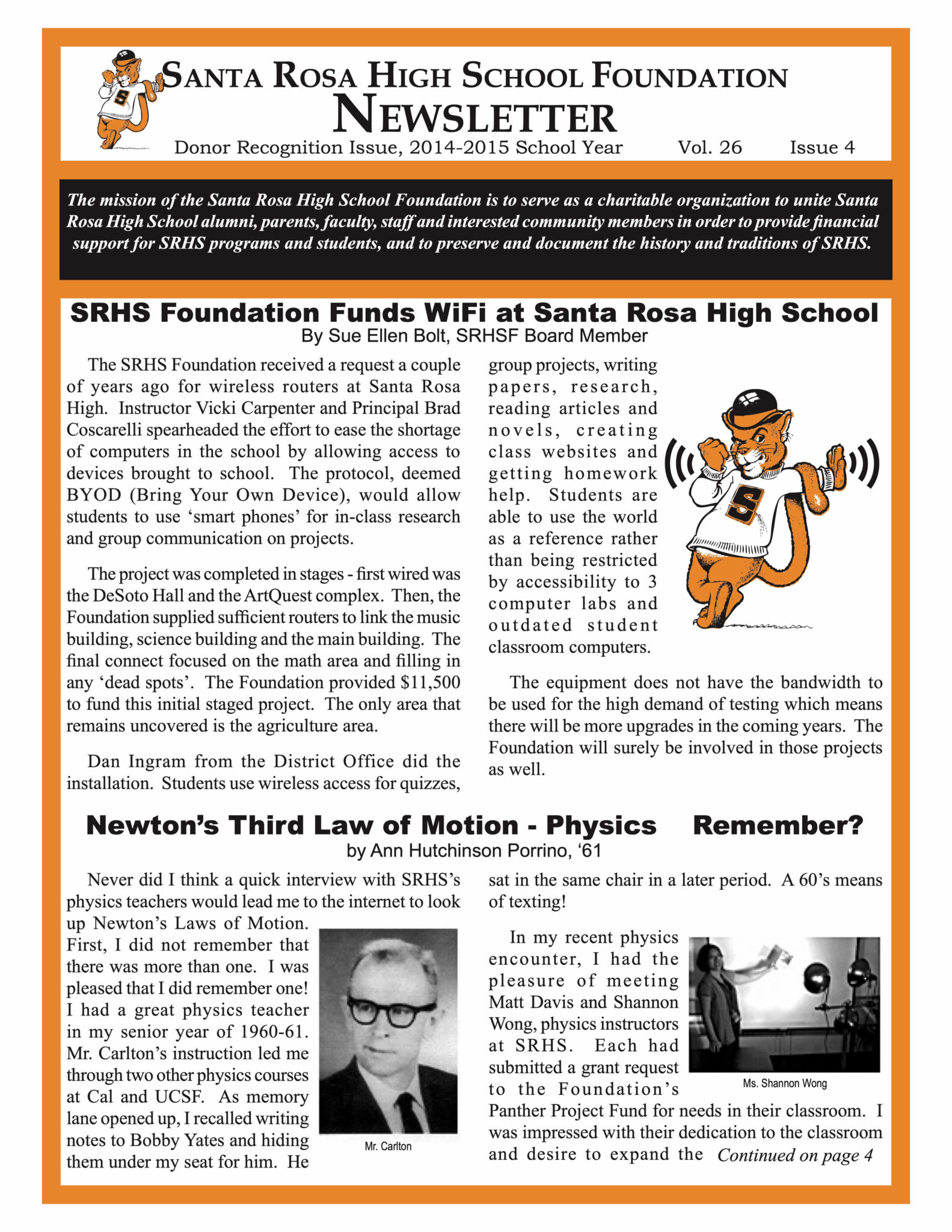 Newsletter front page - Donor report for the 2014 - 2015 school year