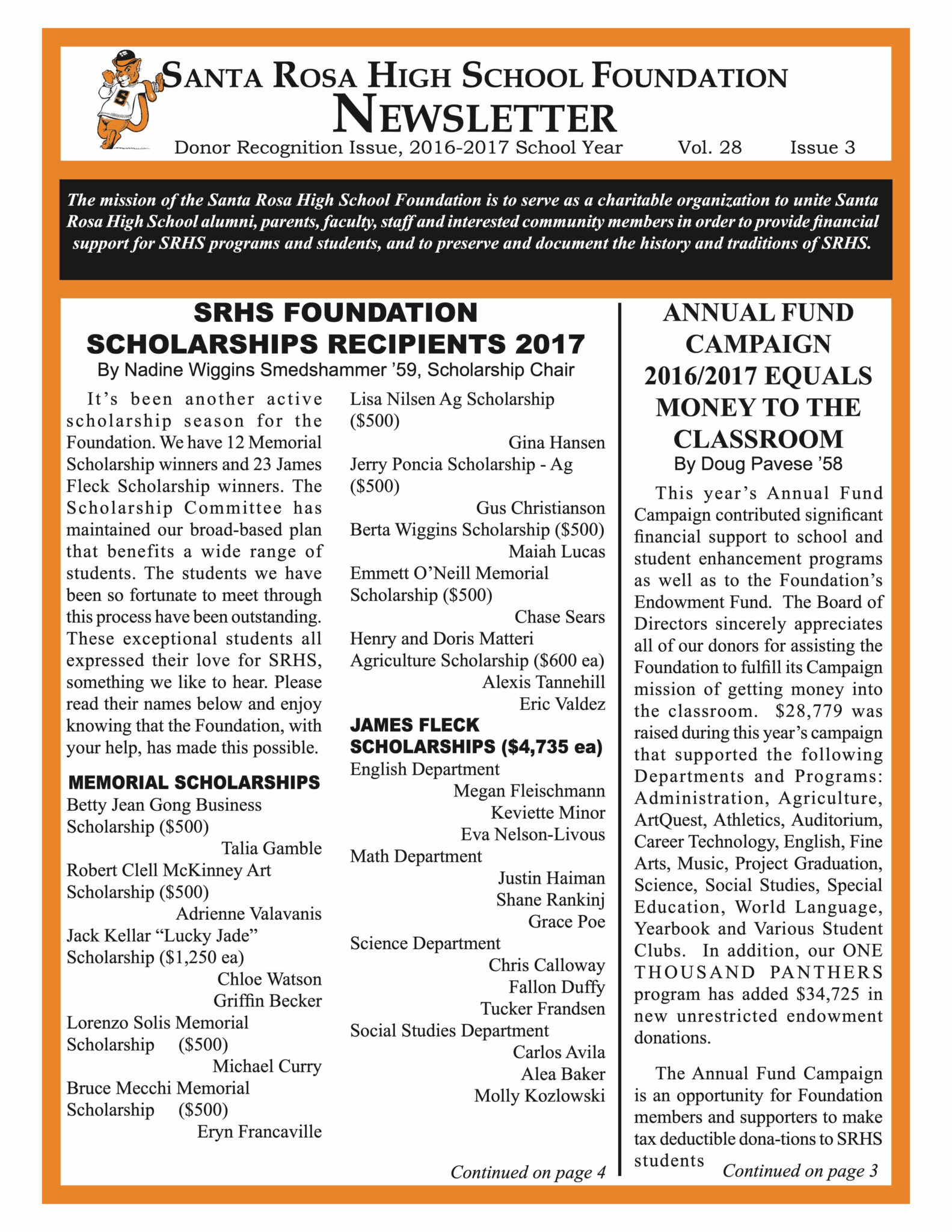 Newsletter front page - Donor report for the 2016 - 2017 school year