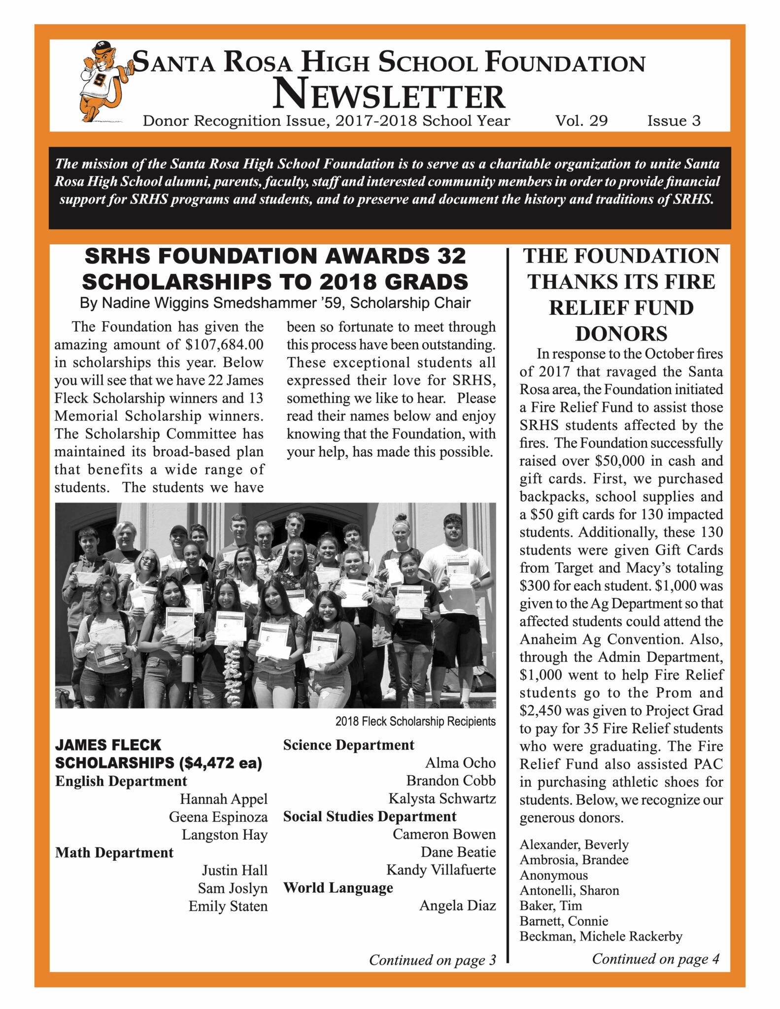 Newsletter front page - Donor report for the 2017 - 2018 school year