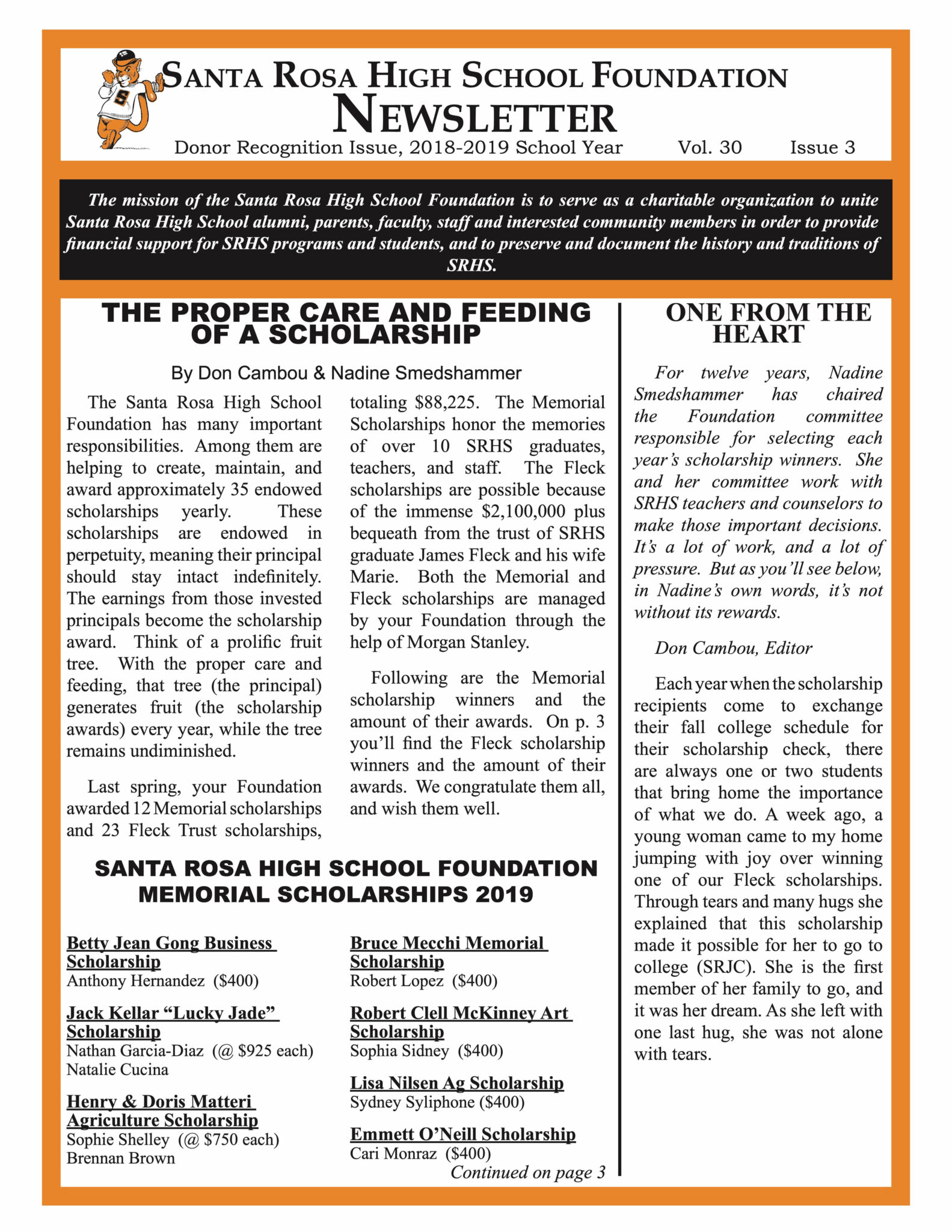 Newsletter front page - Donor report for the 2018 - 2019 school year