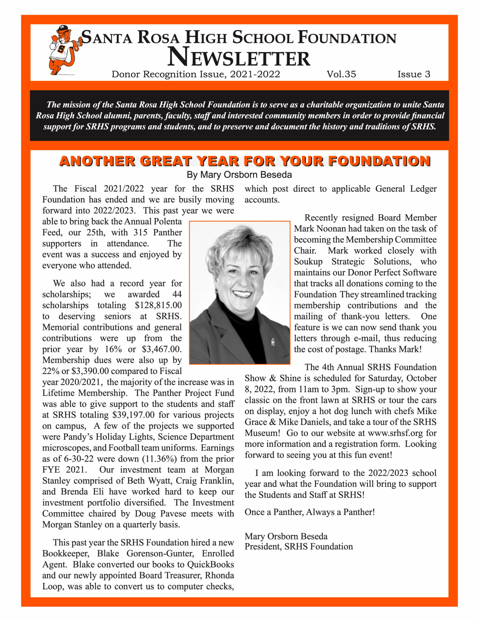 Newsletter front page - Donor report for the 2021 - 2022 school year