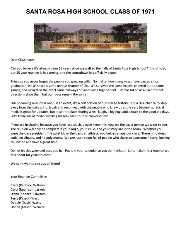 Class of 1971 reunion letter